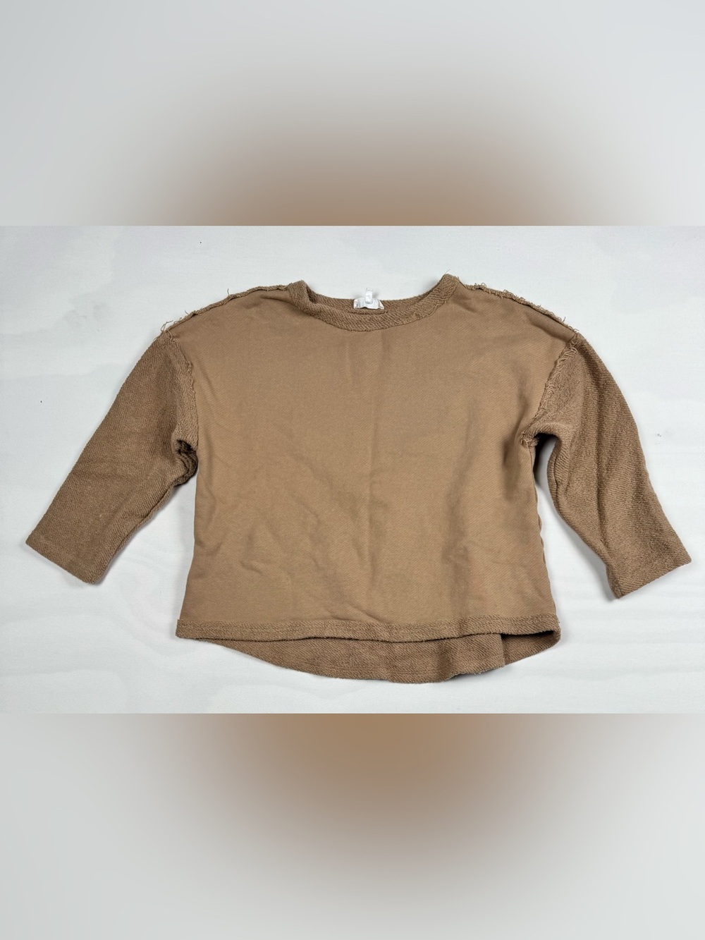 Aemi+Co Exposed Seam Crewneck Sweatshirt Tan Women’s S 100% Cotton 3/4 Sleeve